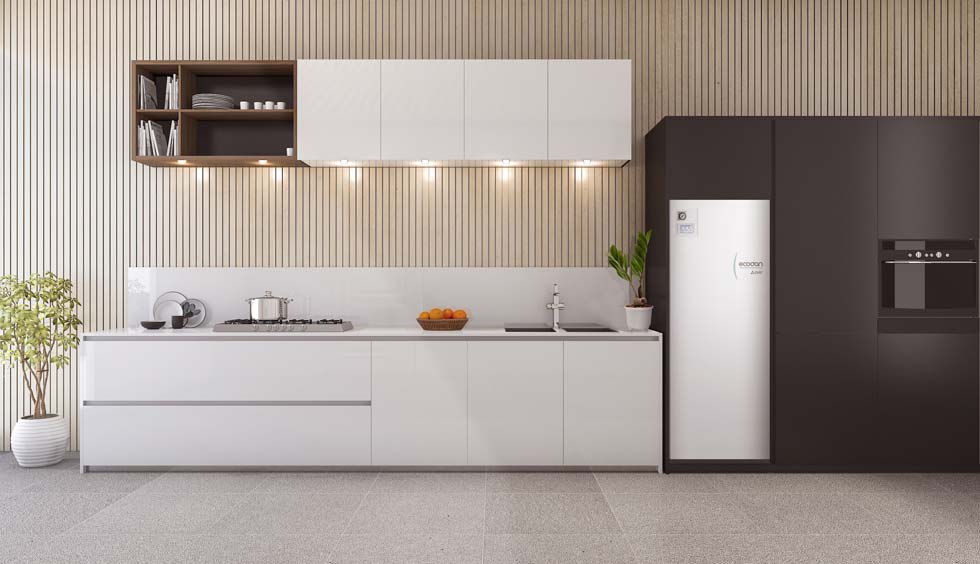 Rendu 3D d'un comptoir de cuisine moderne avec un design blanc et noir
